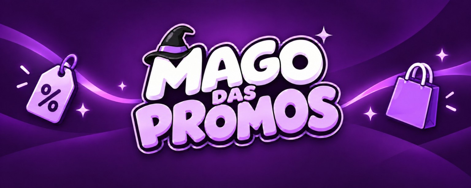 Mago das Promos: letras brancas e lilás, chapéu preto, etiqueta e sacola sobre fundo roxo.